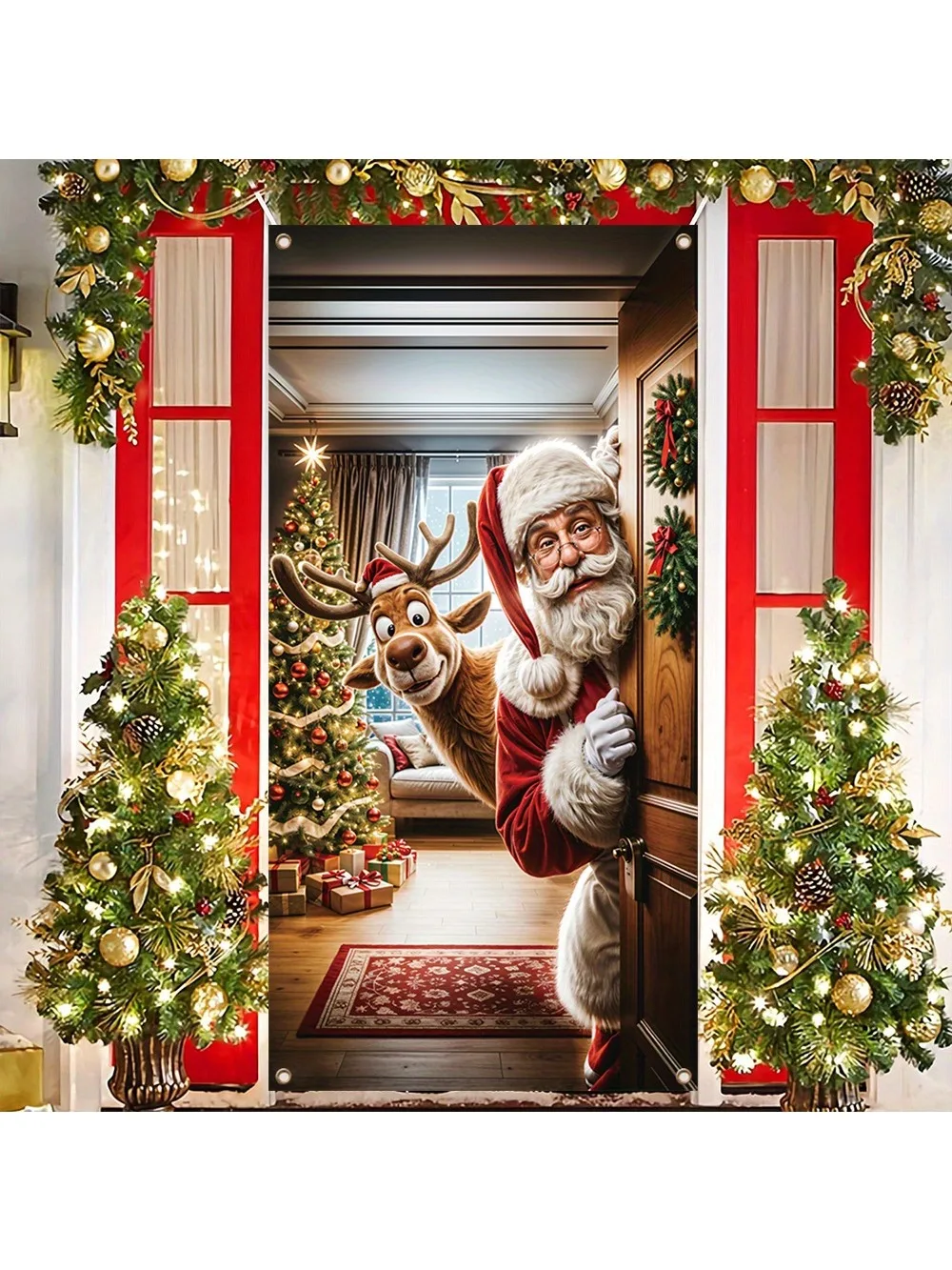 1 piece, Merry Christmas porch banner, Gift Santa applies to indoor outdoor front door home mural decoration