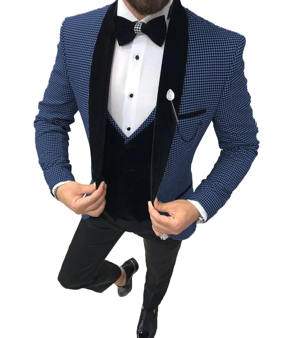 

SZMANLIZI Navy Blue Houndstooth Slim Fit Men Suits For Wedding Groom Tuxedos 3 Pieces Set Formal Prom Blazer Terno Masculino