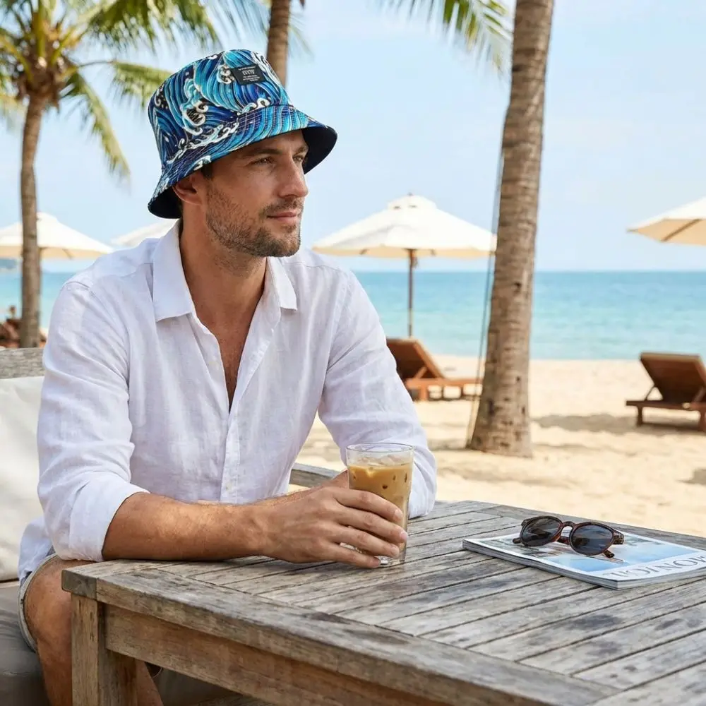 Fashion Packable Reversible Bucket Hat Sea Waves Pattern UV Protection Sun Hat Casual Lightweight Beach Cap For Men Women