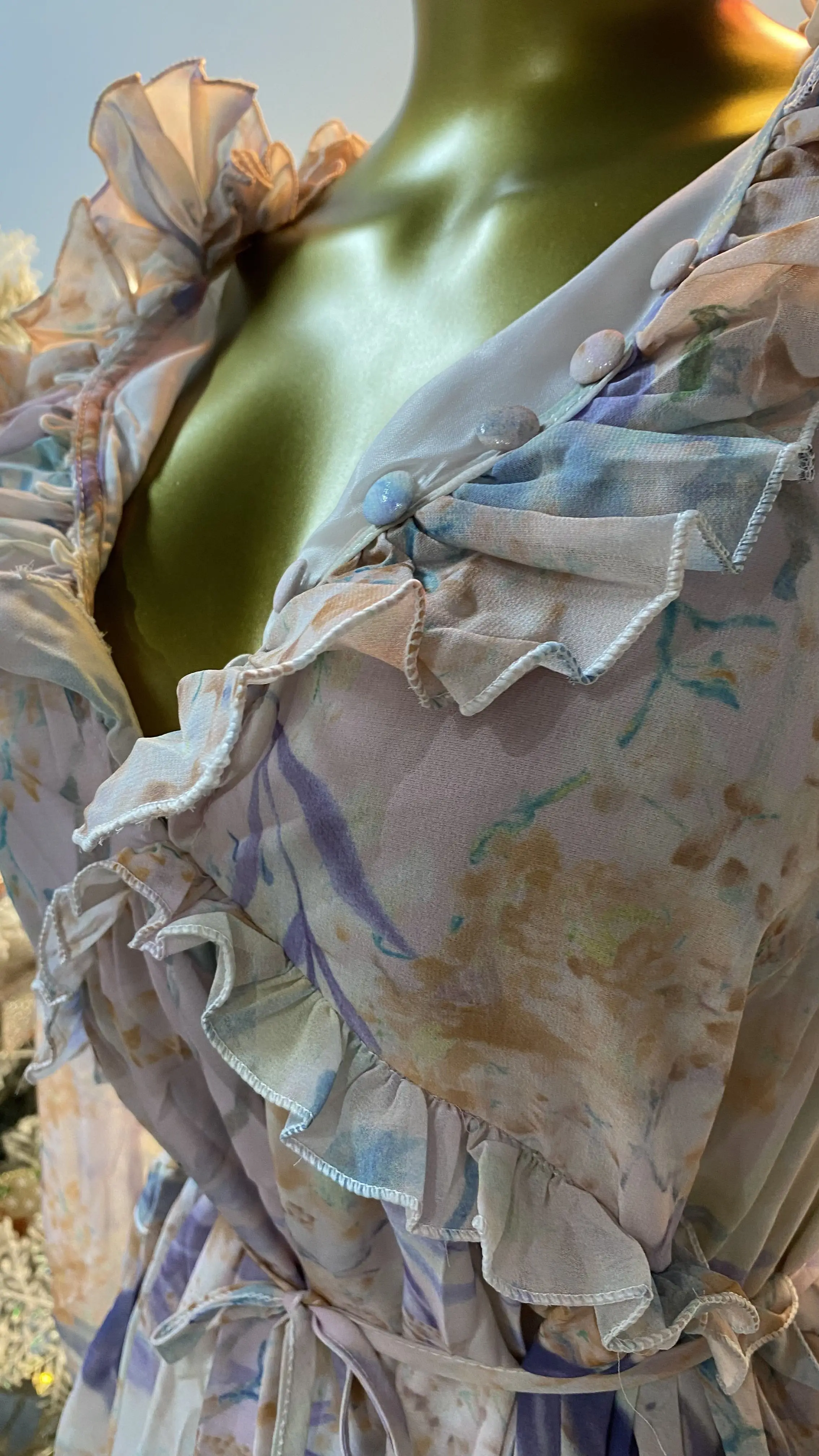 Gift floral oil painting style lace patchwork v-neck maxi dress lantern sleeve empire print lace dress-GZMM460