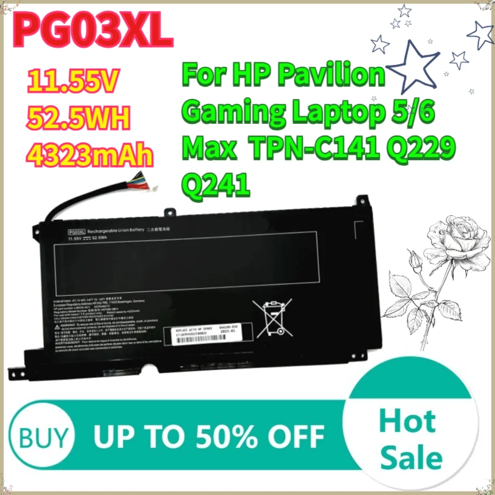 

11.55V 4323mAh 52.5WH PG03XL Battery For HP Pavilion Gaming Laptop 5 6 Max TPN-C141 Q229 Q241 PG03XL Laptop Battery