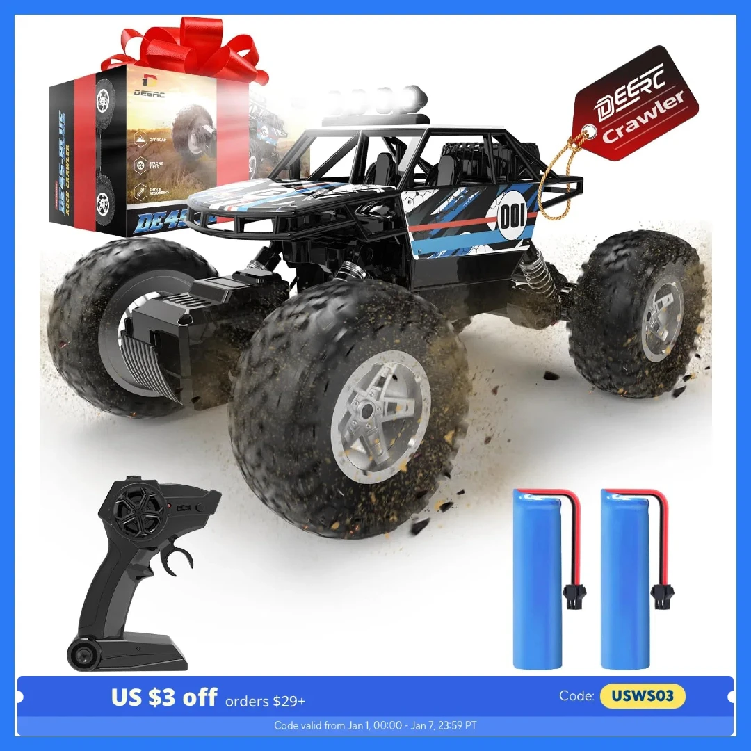 DEERC DE45 1:14 RC Truck: 4WD Off-Road, Metal Shell, Dual Motors, LED, 90 Min Play