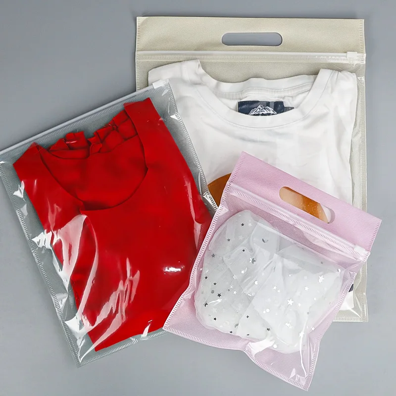 50pcs/lot 27*35, 30*35, 30*40, 35*45cm Translucent Slide Zipper Non-woven Bags Clothing Packaging Dust Bag Custom Logo Print