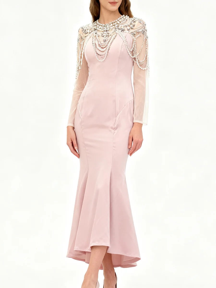 فساتين التخسيس الماسية الصلبة من VGH للنساء برقبة دائرية وأكمام طويلة وخصر عالٍ فستان بمزاجية للسيدات على الموضة