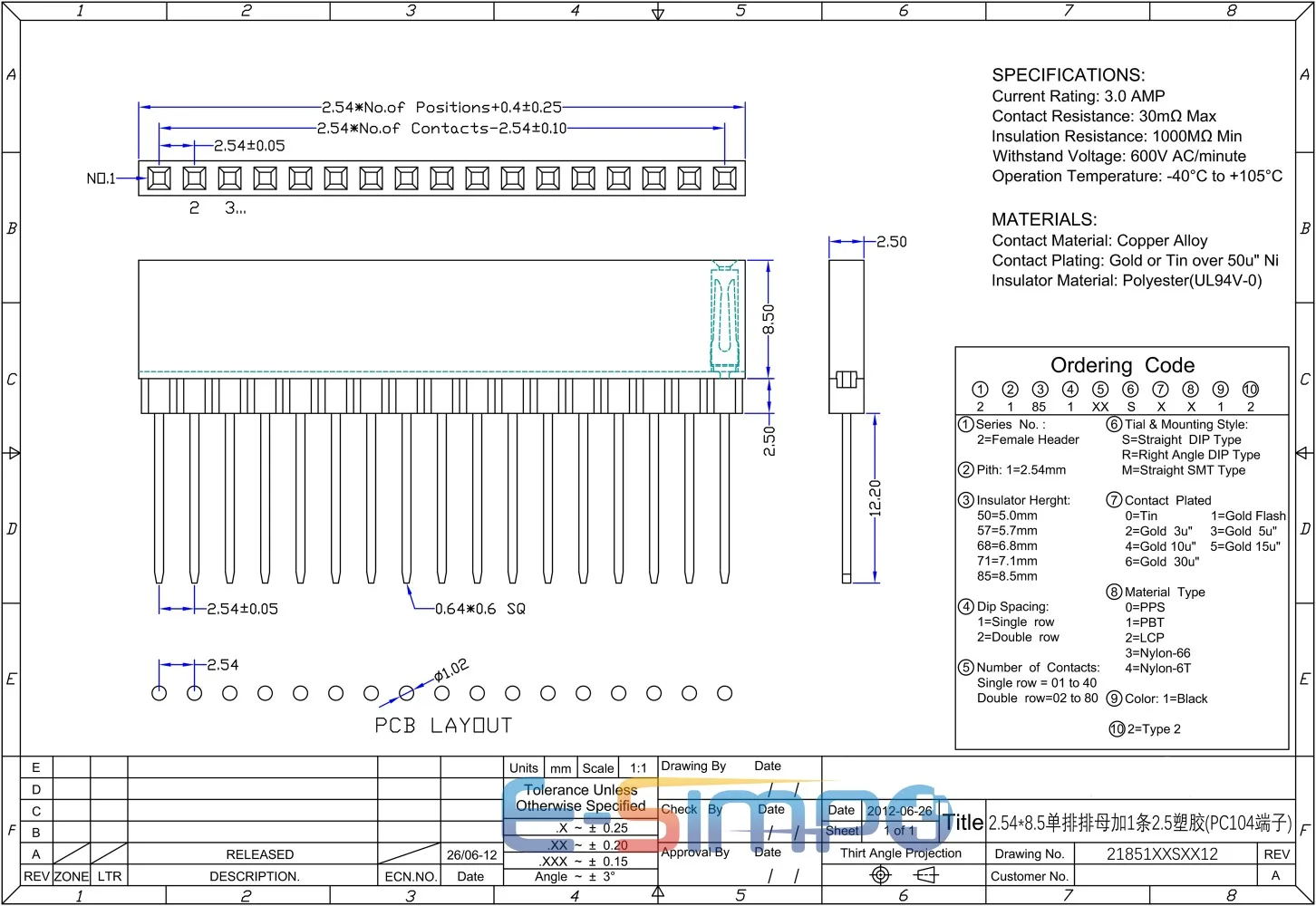 5 pz 2.54mm PC104 1 x40p singolo impilabile Rohs 1U oro PC12.2mm PH11 6T PCB industriale femmina Pin Header connettore presa striscia