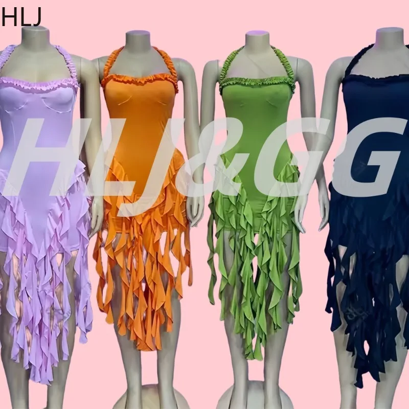 

HLJ&GG Sexy Irregular Tassel Patchwork Bodycon Dresses Women Halter Sleeveless Backless Dress Female Streetwear Vestidos 2025
