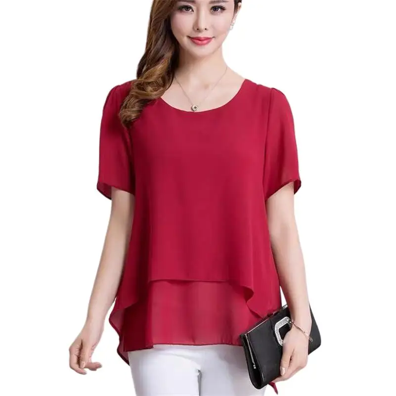 Short Sleeve Chiffon Women Shirts 2024 Summer Office Work Tops Elegant Lady Shirt Solid O-Neck Women Blouses   -