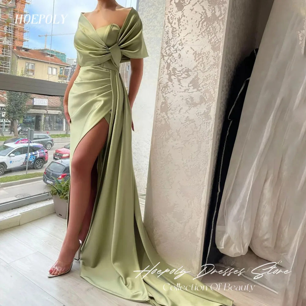 

Hoepoly Mint Green Mermaid Evening Dresses Off Shoulder Pleated Side Slit Shiny Satin Prom Dress Saudi Arabia Elastic Party Gown