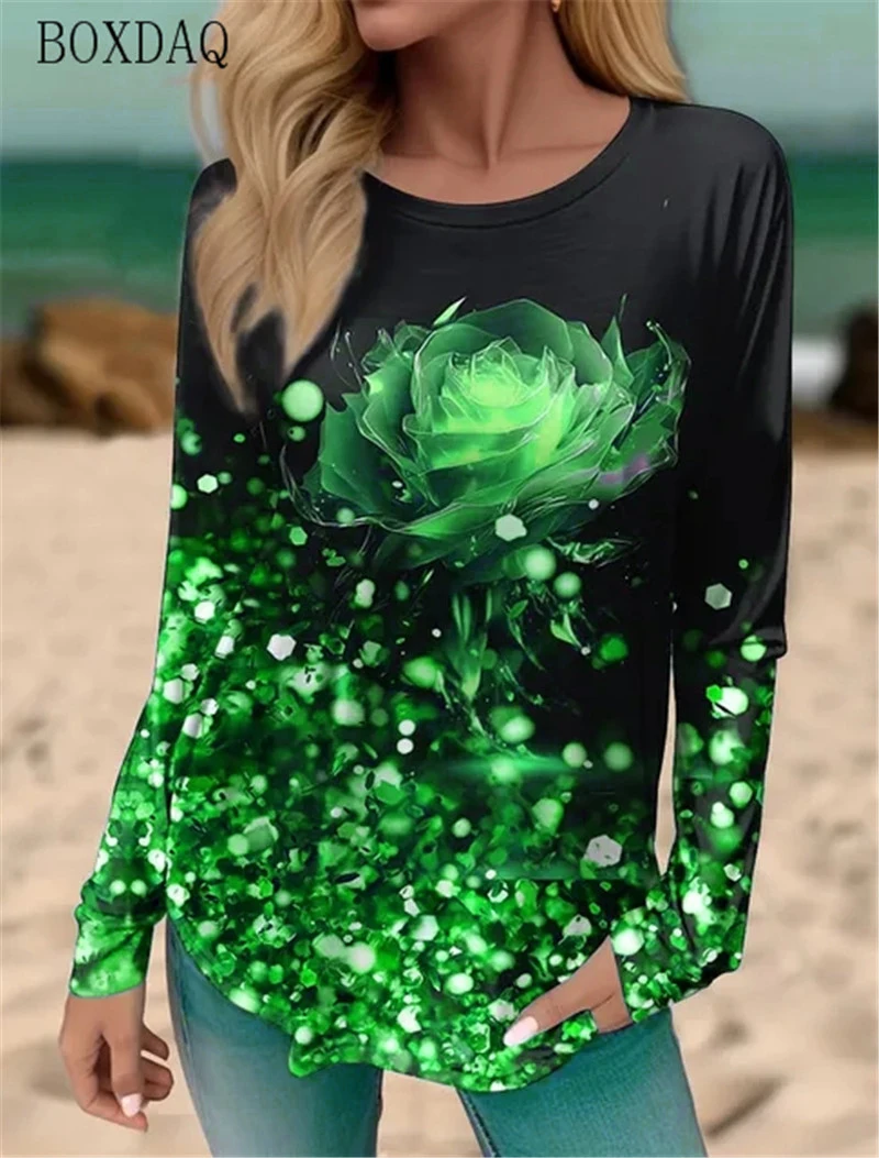 Floral Pattern And Gradient Women T-Shirts Spring Autumn Long Sleeve 3d Print Street Style Ladies Tees 6XL Plus Size Casual Tops