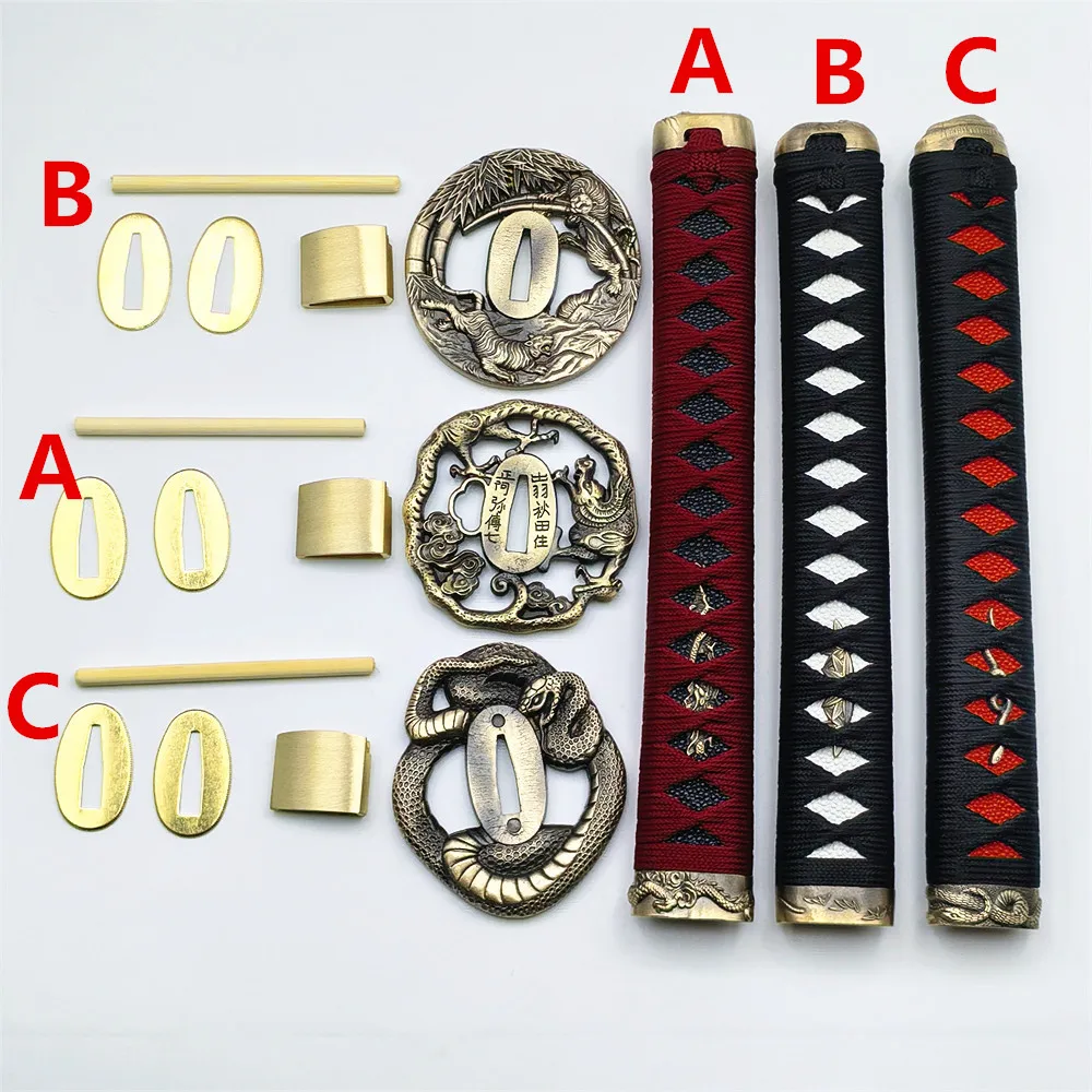 26cm Tsuka Japanese Real Katana Samurai Sword Wakizashi Fittings Set Brass Tsuba+Menuki+Fuchi+Kashira+Habaki+Seppa+Handle
