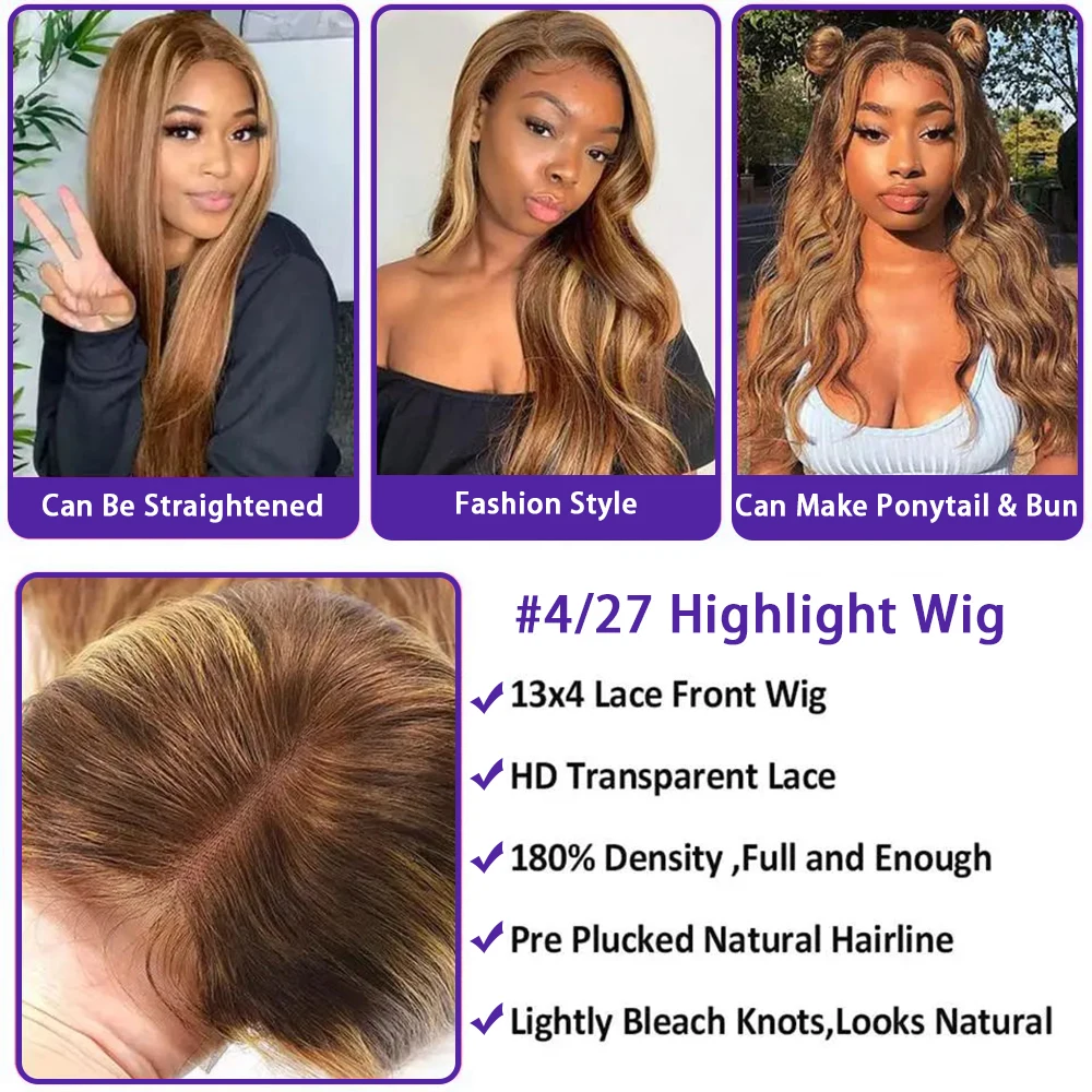 HD Highlight Lace Frontal Wig, Mel Loira Onda Do Corpo, Pré Arrastado Remy Cabelo, Cabelo Humano, 200 Densidade, 13x4, 13x6