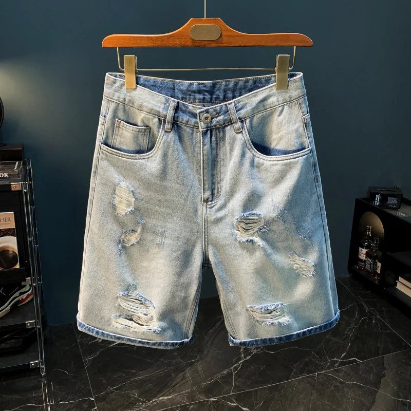 

Summer personality trend big ripped men's denim shorts loose light straight quarter pants hand-scraped casual men's pants