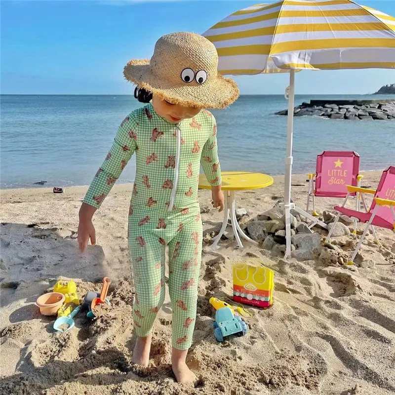 Baby Bear Green Plaid Long Sleeve One Piece Swimsuit with Hat UPF50+ Kids Rash Guard
