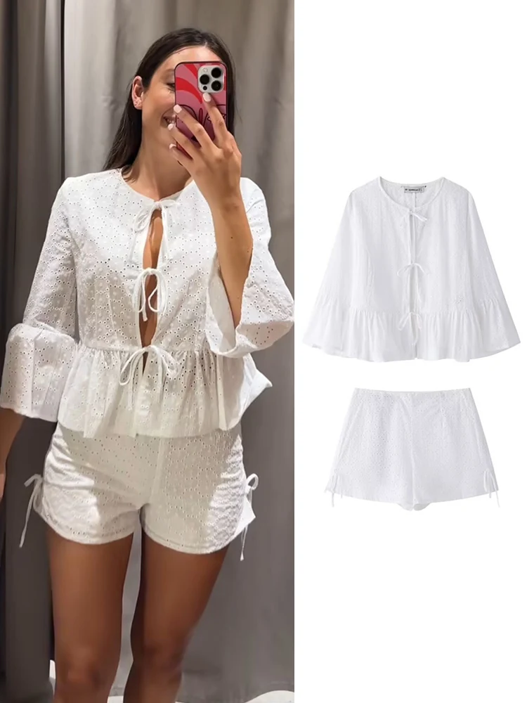 TRAF Two Piece Women Solid Embroidered Top Short Suits 2024 Fashion Hollow Out O-neck Tie Bow Shirts Zipper A-line Short Sets