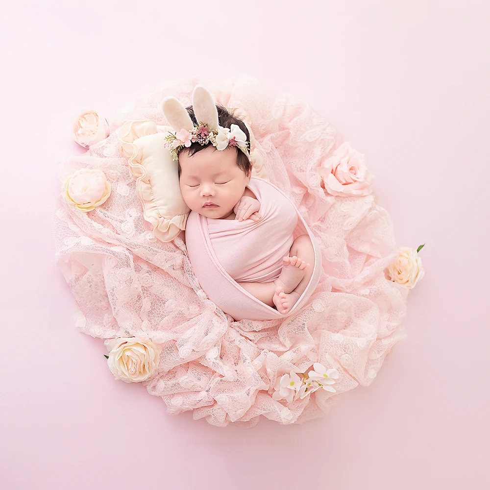 

Pink Newborn Photography Props Kit Knitted Bow Hat Ear Headband Baby Posing Pillow Wrap Photo Studio Shooting Decorative Supply