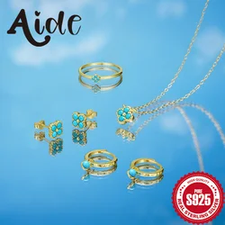 AIDE 925 Sterling Silver Turquoise Flower Fine Jewelry Set Stud Earrings Pendant Necklaces Chain for Women Gifts Collares Choker