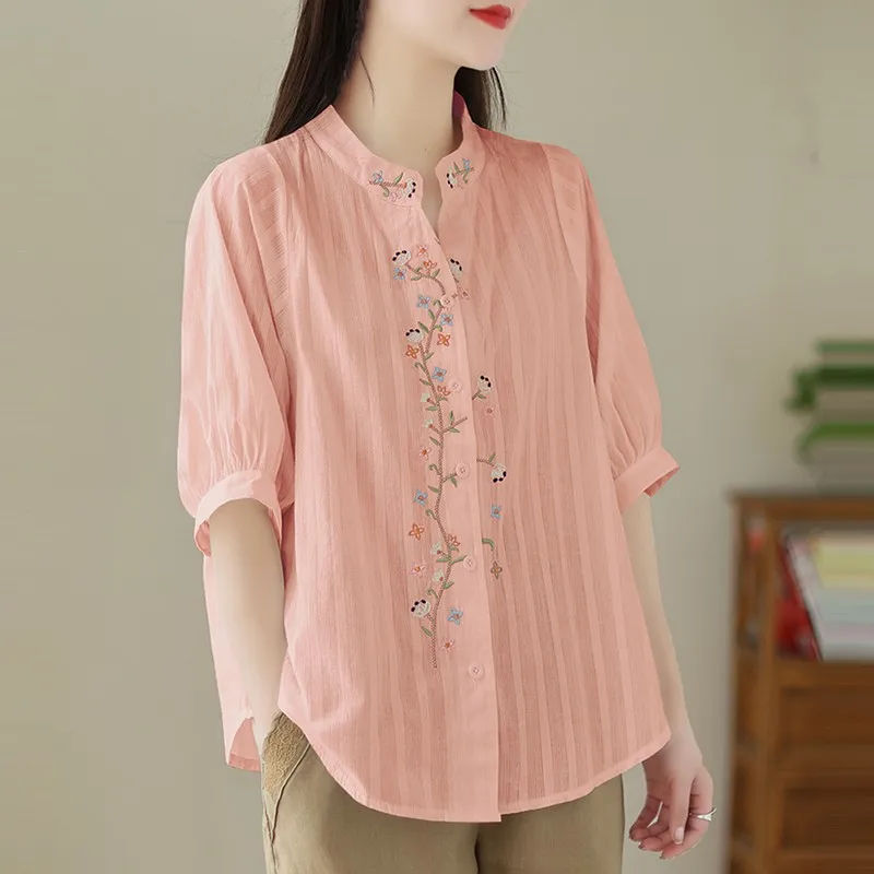 Chemise en coton à manches mi-longues pour femmes, style vintage, broderie florale, été, décontracté, nouvelle arrivée, 2024, Bino 68