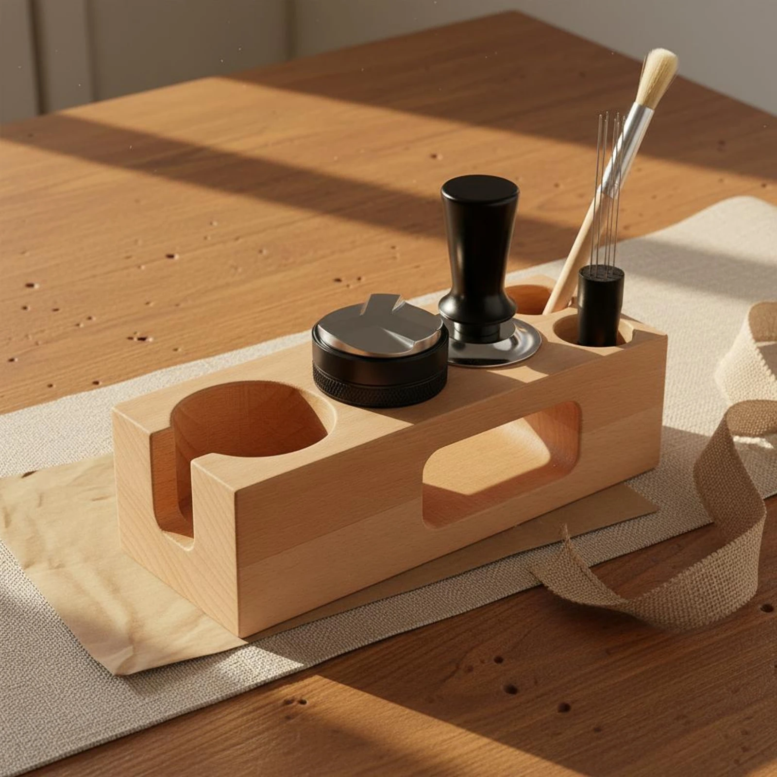 Espresso Tamping Station Set Natural Beech Wood Coffee Tamper and Distributor Kit Wooden Espresso Tool Holder Height Adjustable