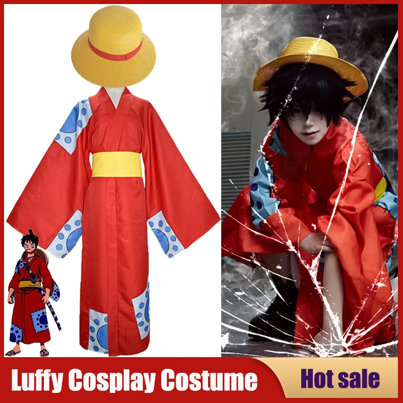 

Monkey D Luffy Wano Country Arc Cosplay Anime One Piece Luffy Costumes Carnival Party Red Yukata Hat Kimono Outfit For Adult