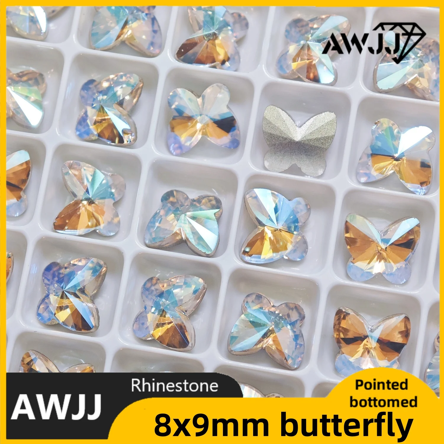 Gemas clásicas de decoración con fondo puntiagudo de cristal en forma de mariposa, 7x8mm, utilizadas para pendientes, collares, accesorios de joyería para uñas