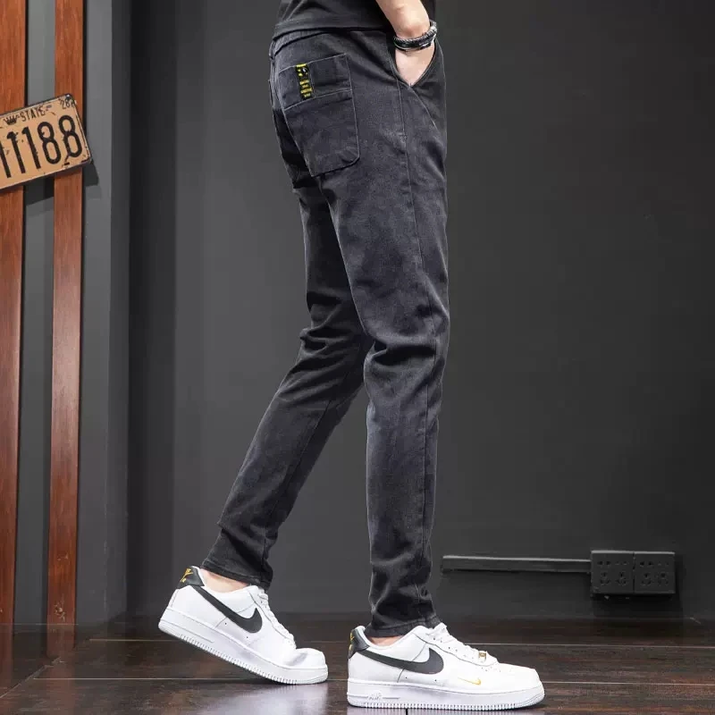 Autumn Elastic Waist Black Jeans Men Slim Fit Pencil Pants Korean Style Casual Drawstring Denim Trousers