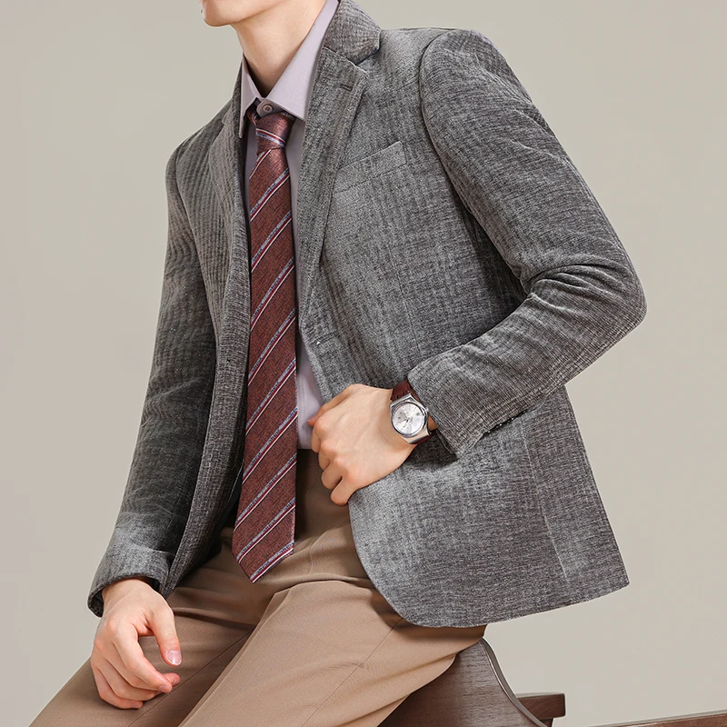 

Black/Gray Chenille Blazer Jackets Men High Quality Autumn Winter Single Breasted Men's Casual Blazers Slim Fit Casual Suit Coat