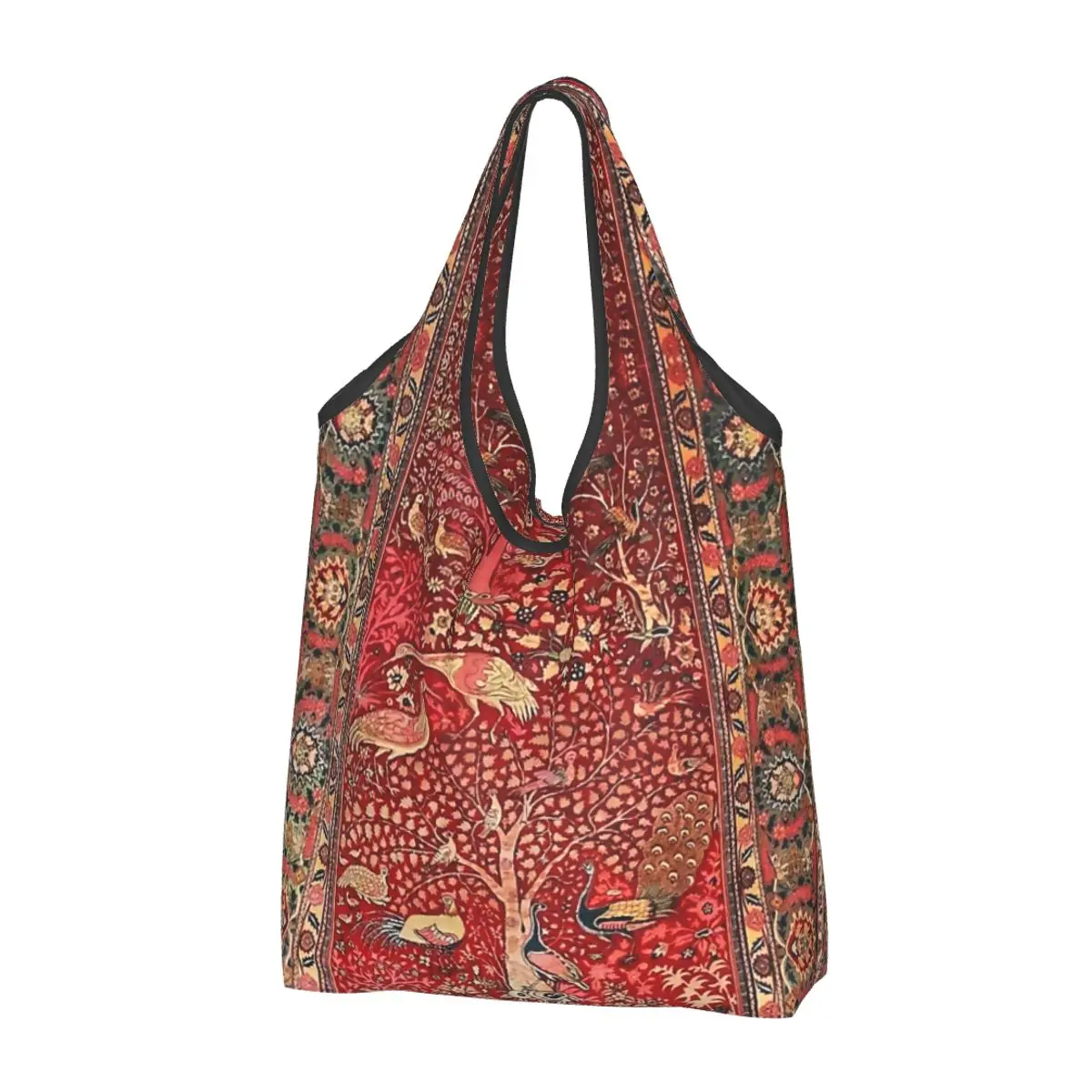 Persian Rug Bird Tree Flowers Groceries Shopping Bag Funny Shopper Shoulder Tote Bag Portable Bohemian Floral Handbag