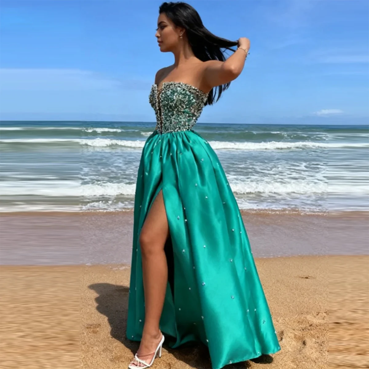 

Green Shining Beaded Prom Dress Sexy Sweetheart Satin A Line Evening Gowns Side Split Women Formal Occasion Party Dress