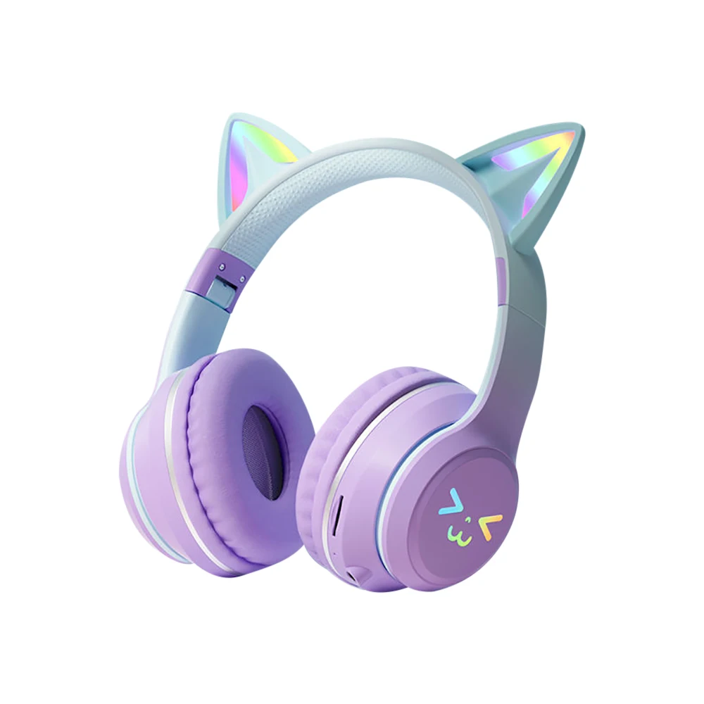 Wireless Headphones RGB Cute Cat Girls Kids Gift Headset with Microphone Stereo Music Gaming Headsets Control Lights Earphone