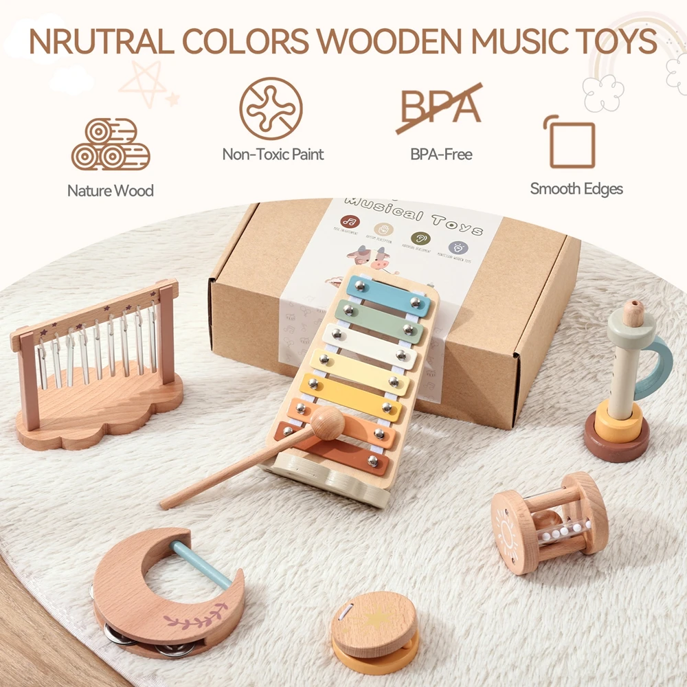 7pc Sets Music Toys for Children Music Instruments Girl Toys Wooden Cartoon Educational Instruments Children's Toys Instruments