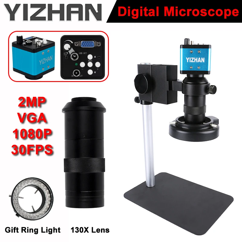 

YIZHAN 130X C-Mount Zoom Lens Electronic Digital Microscope 2MP VGA 1080P 30FPS SD Camera Microscopio Set Small Stand Ring Light