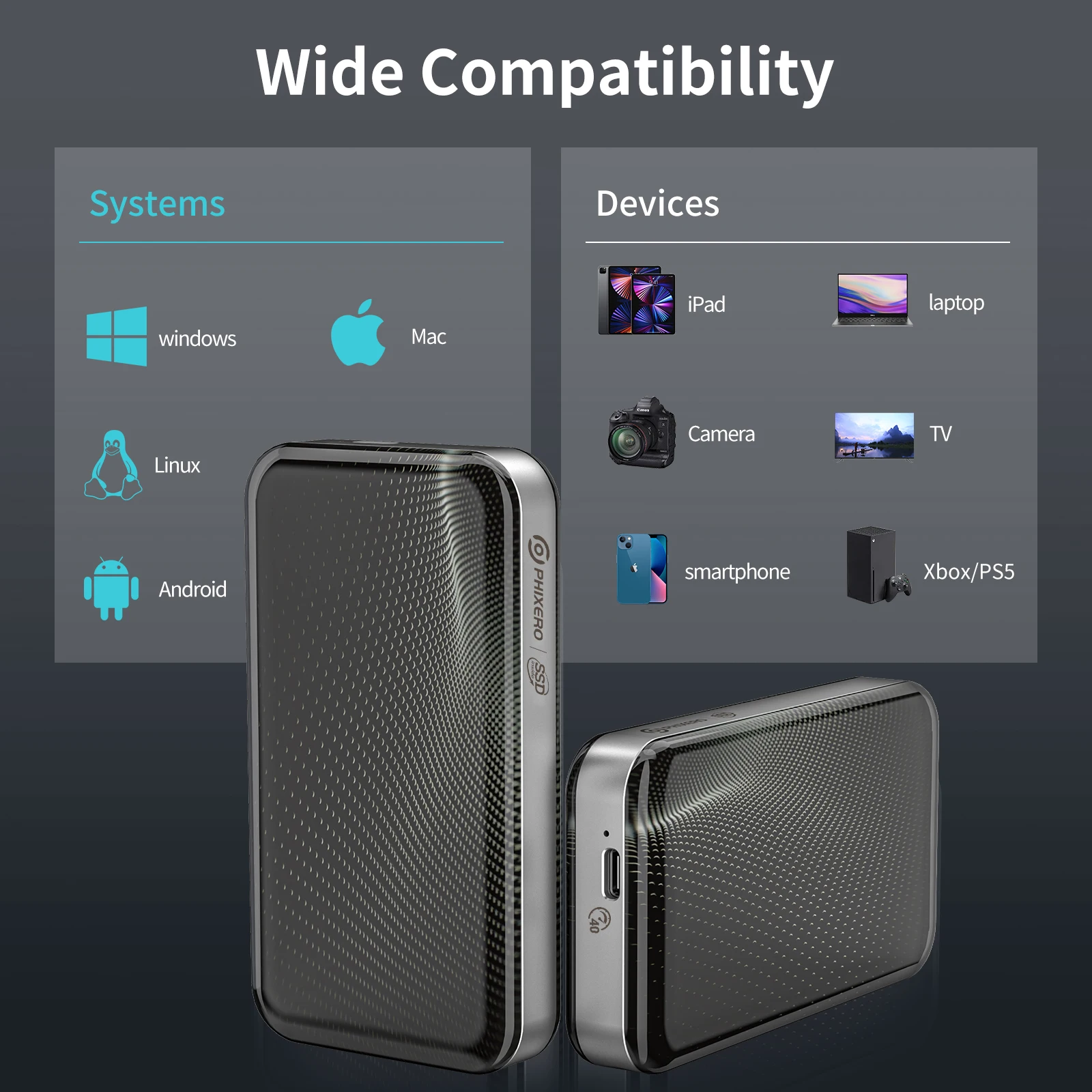 PHIXERO Portable SSD USB3.2 Gen 2 Type C 20Gbps 1TB 2TB External Solid State Drive Storage Disk Hard Drive Mobile Storage Drive