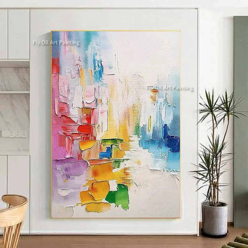 Abstract Blue White Wall Art Handpainted Large Beige Yellow Pink Blue Canvas Thick Oil Painting New Design Artwork For Decor
