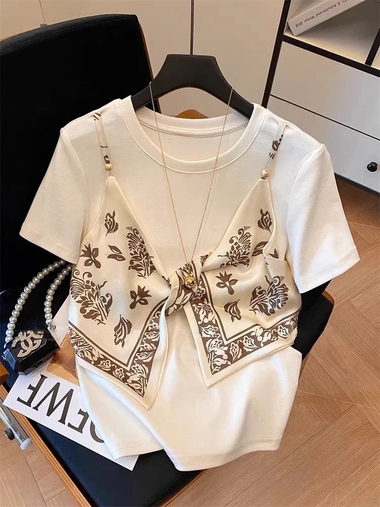 Sommer Schwergewicht Seidenschal Gespleißt ort Sve T-shirt Damen Lose Vielseitig Abnehmen oulder Level Top