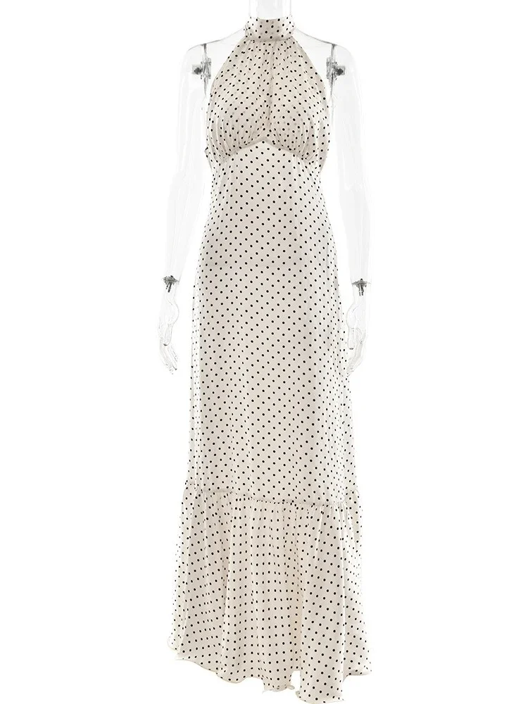 Chaxiaoa 폴카 도트 셔링 프릴 섹시한 미디 드레스 여성 가운 패션 홀터넥 민소매 백리스 하이 웨이스트 클럽 롱 드레스