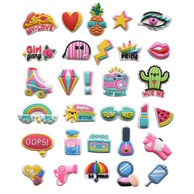 PVC diamond carton cactus skiing buckles rainbow watermelon robot lighting shoe charms deco accessories for clog sneakers pin