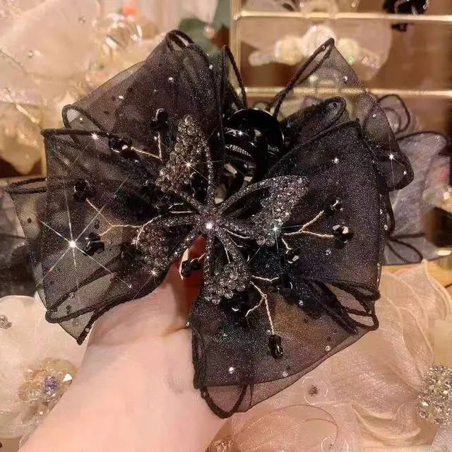 Luksusowa czarna błyszcząca Rhinestone motylkowa gumka do włosów dla kobiet wykwintna siatkowa opaska do włosów dziewczyny Bowknot akcesoria do włosów
