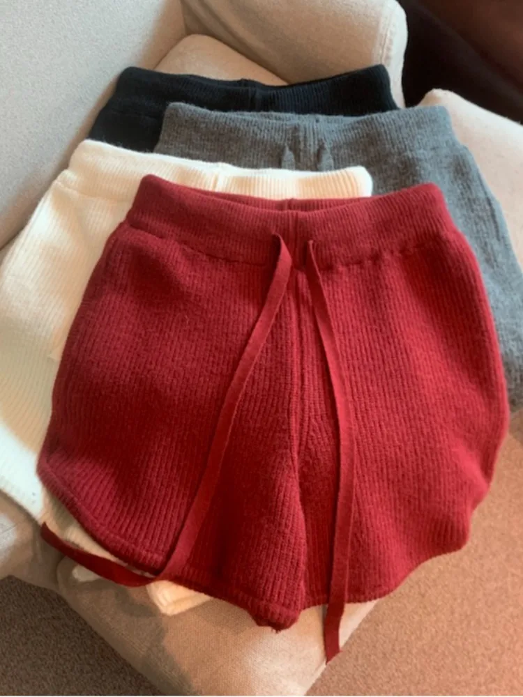 Retro ey Woolen Knitted orts Women's Autumn Winter Outerwear A-Line Wide Leg Pants Lazy High Waist Casual Boot Pants