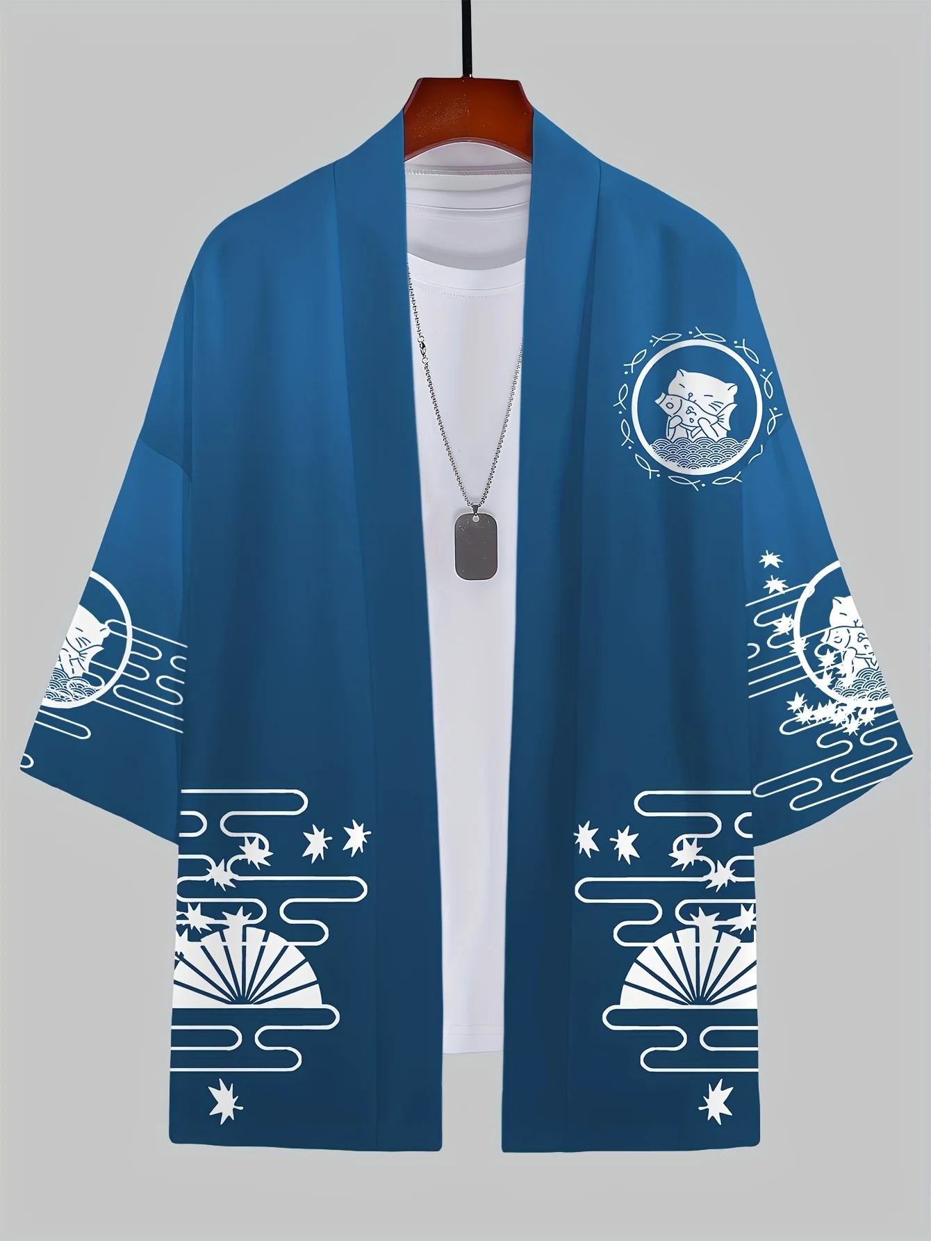 Men's kimonos featuring cartoon cats and moon patterns in blue Japanese kimono cardigan - lightweight polyester summer kimono