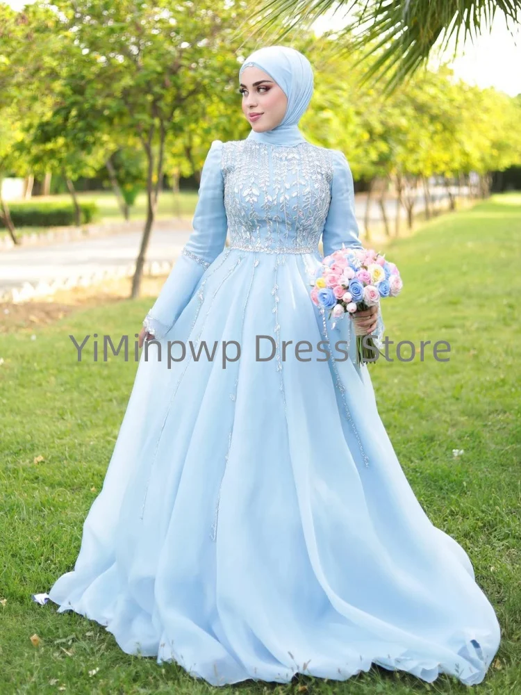 Moslim trouwjurken met hoge hals lange mouwen sweep trein een lijn kralen chiffon hijab tuin bruid bruidsjurken op maat