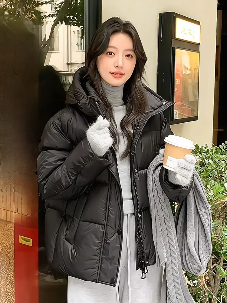 

ort Cotton Jaet Women's Winter Thiened Hooded Versatile Trendy Design Korean Sle Loose Fit Long Sve Stand Collar