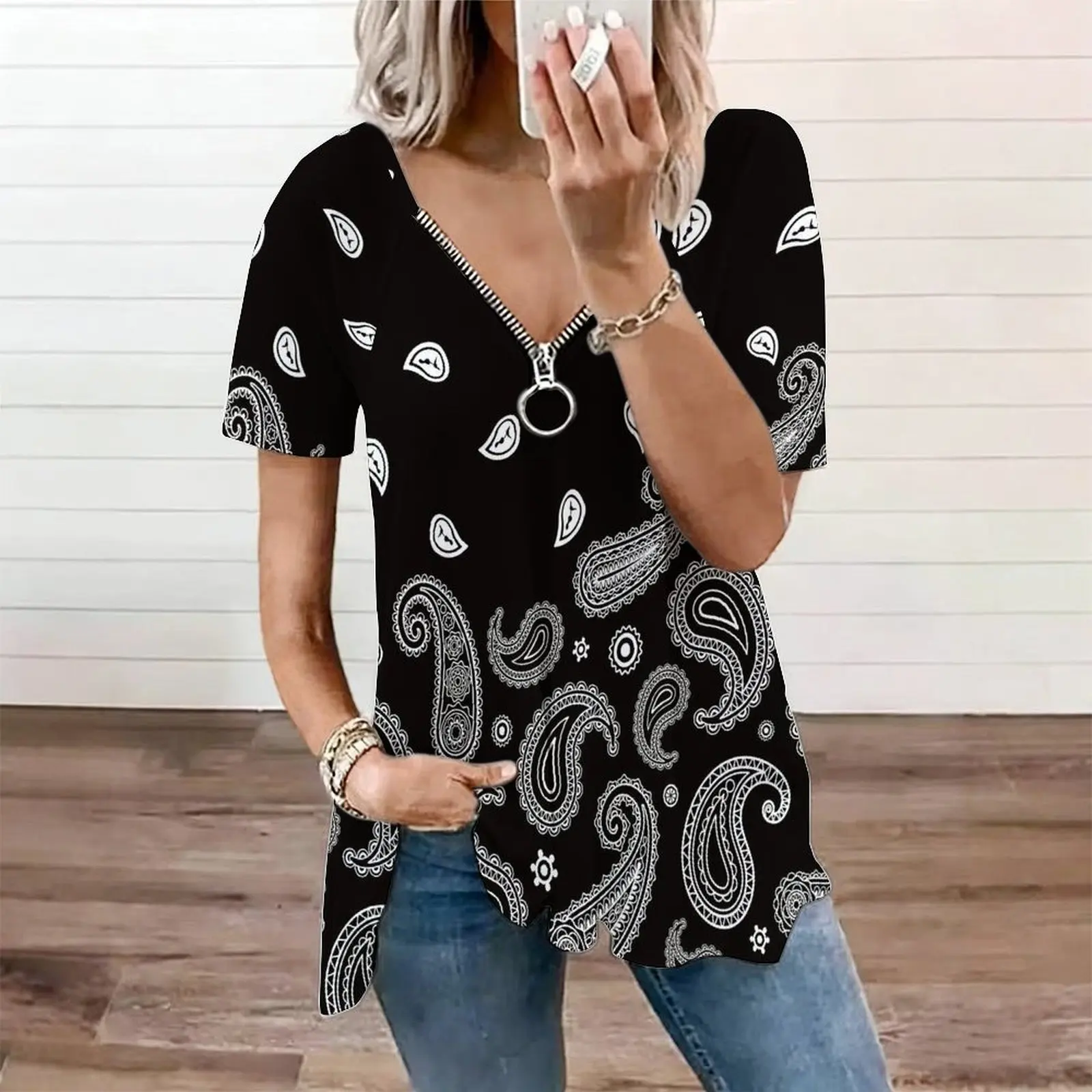 Boho Purple Blue Paisley Floral Print Women Zip Front V Neck Flowy Irregular Hem Blouse Tunic