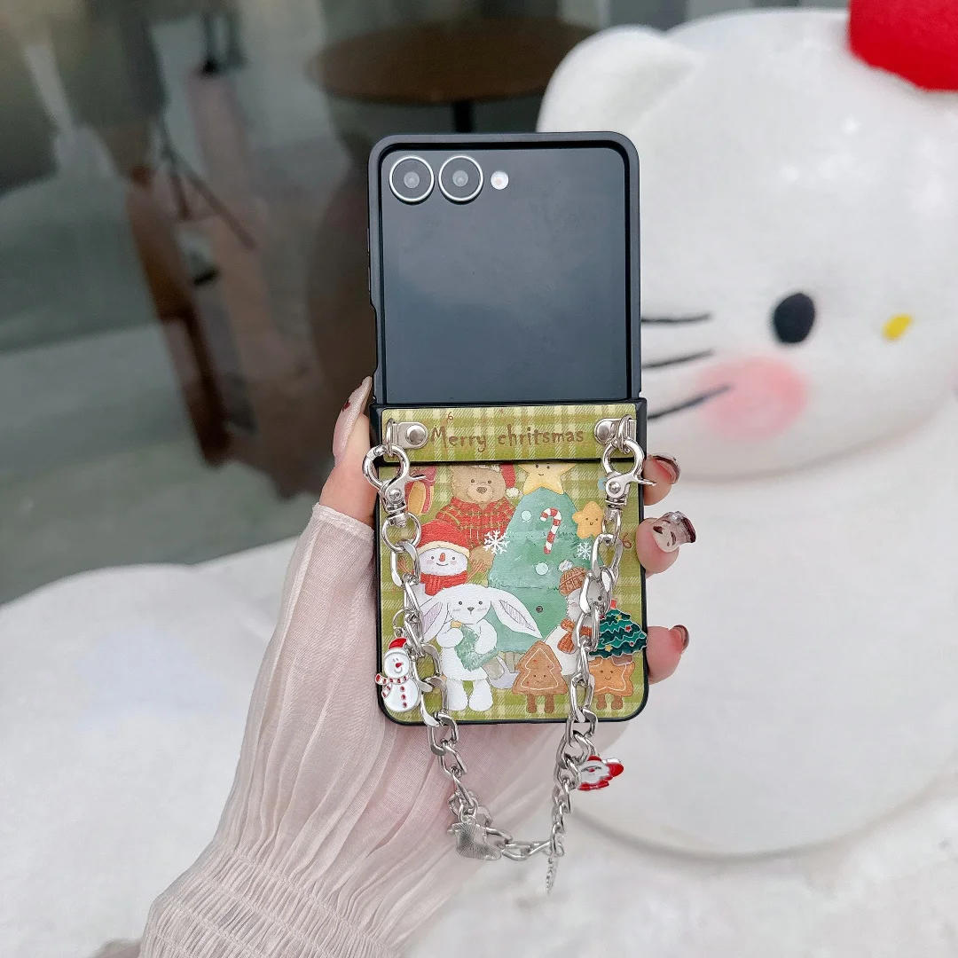 

Merry Christmas Tree Snowman Animal Party Grid pattern with bracelet Chain Case for Samsung Galaxy Z Flip5 6 7 Flip6 Flip7 Cover