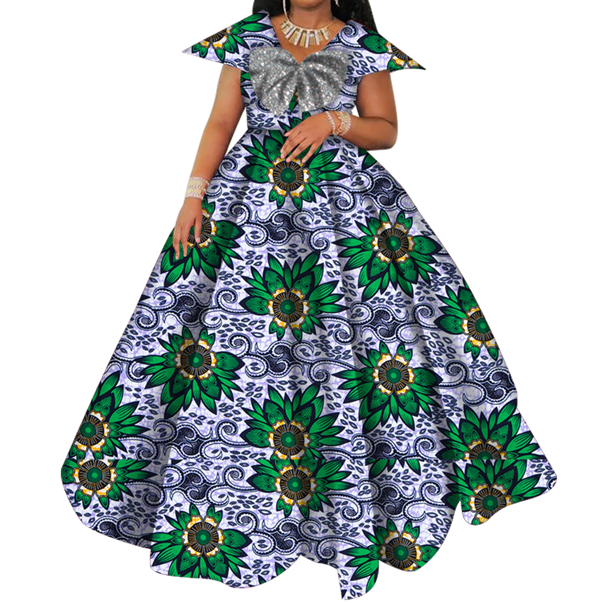 Bazin Riche African Print Dresses for Women Short Sleeve Long Wedding Dress Party Vestido Cotton Women African Clothing WY6098