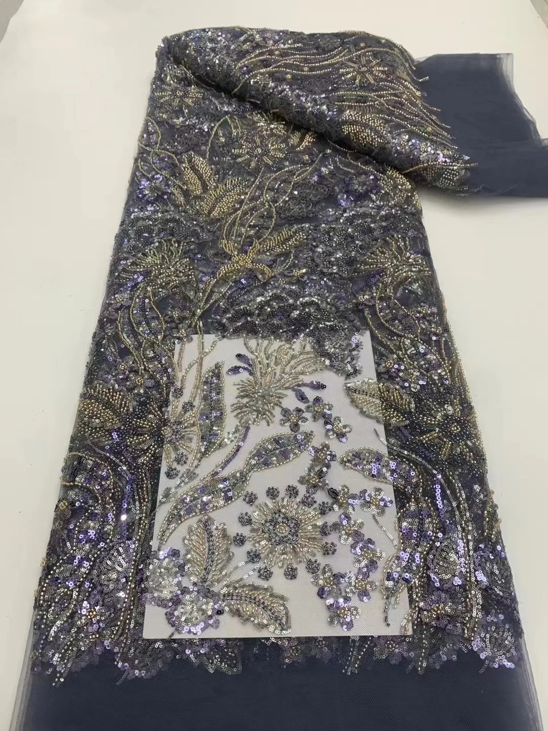

African Sequins Beaded Lace Fabric Nigerian Groom Embroidery 2024 High Quality French Tulle Lace Fabric For Bridal Wedding