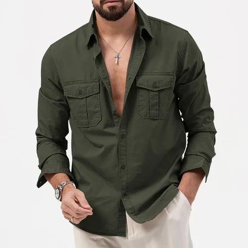 Nuevas camisas para hombre, blusa informal de manga larga para primavera y verano, trabajo Retro, blusa informal ajustada con múltiples bolsillos para negocios sociales, camisa de Color sólido