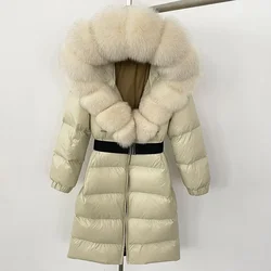 New Natural Thick Warm Long Winter Jacket Women 90% White Duck Down Coat  Real Big Fox Fur Collar Belt Loose Puffer Parka