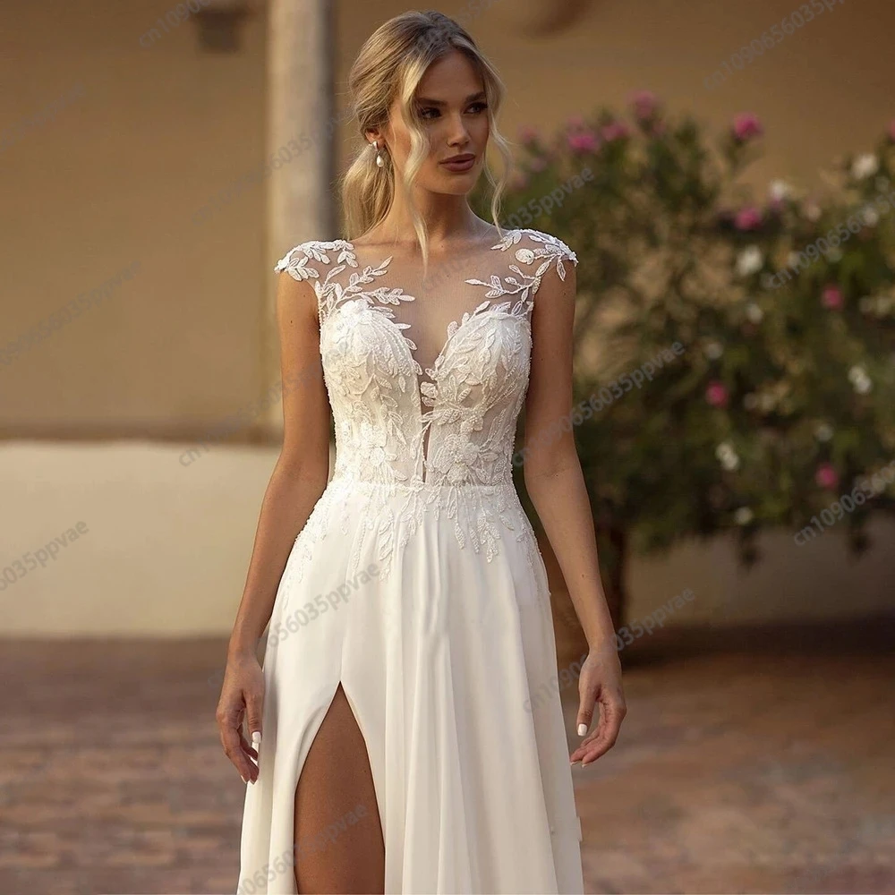 OXSEY 2024 New Bohemian Style Round Neck High Slit Illusion Lace Wedding Dress Tail Applique Embroidery Deep V Wedding Dress