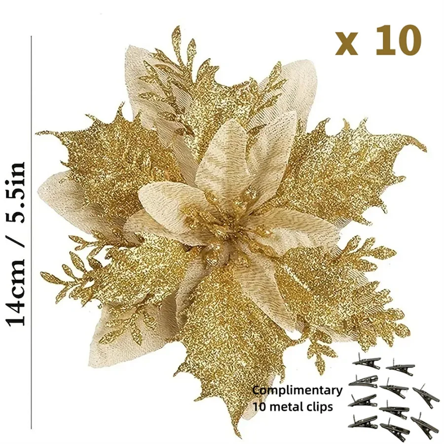 10 Stück 14cm Glitzer-Weihnachtssterne Künstliche Blumen mit Clips DIY Weihnachtsbaum-Ornamente Kranz Kamin-Dekorationen – Detail 11