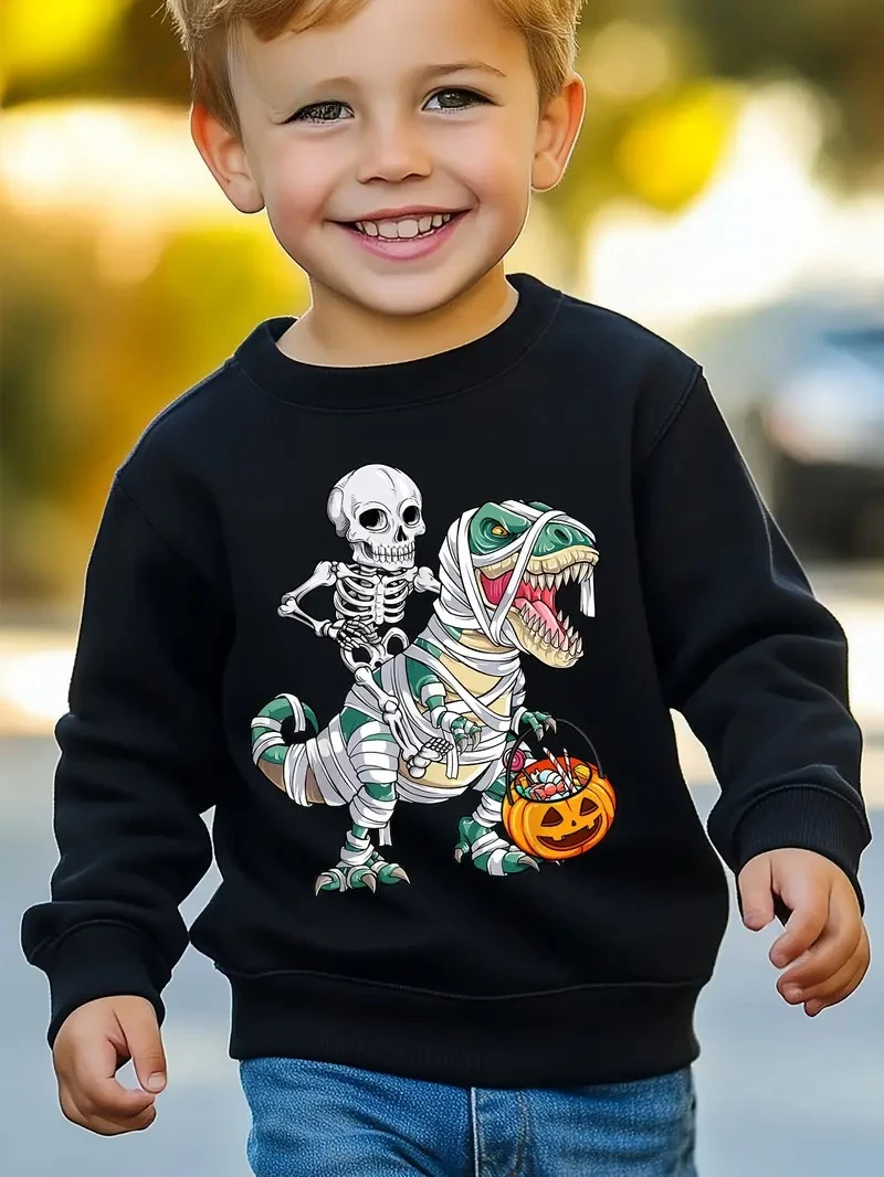

Halloween Boys' Dinosaur and Pumpkin Print Fashionable, Creative and Versatile Spring and Autumn Hoodie